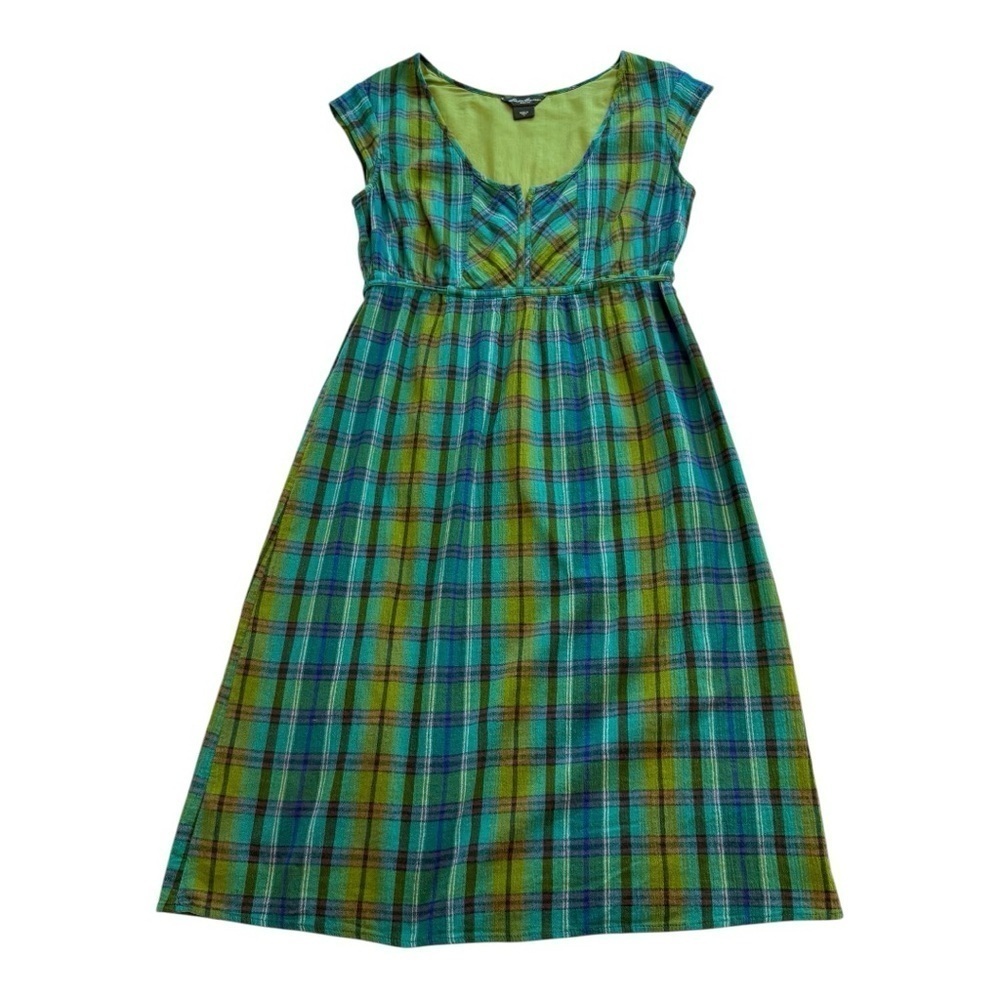 Eddie Bauer Green Blue Plaid Empire Waist Sundress Sleeveless Cap Sleeve Midi 6